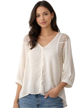 Gianni Bini Embroidered Floral Lace Panel Top Button-Up Ivory Size L Cottagecore